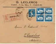PASTEUR 75C BLOC DE 4+ 25C SEMEUSE LETTRE REC PARIS 1926 POUR AUTRICHE AU TARIF