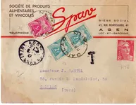GANDON 5FR ROSE NEUF LETTRE AGEN POUR GAILLAC TARN TAXE 2FRX2+5FR 10.6.1947