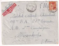 N°359 PAIX SEUL SUR LETRE FM PAR AVION LYON RHONE 1937 POUR MARRAKECH MAROC