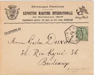 BLANC 5C LETTRE ENTETE EXPOSITION MARITIME INTERNATIONALE + CACHET HEX BORDEAUX BB 1907