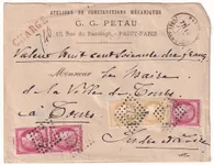 N°57 X3 59 X2 GC 2793 REFAIT PARIS PASSY LES PARIS LETTRE CHARGE POUR TOURS INDRE ET LOIRE 10 JANVIER 1873