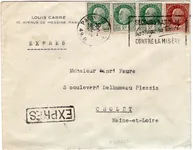 PETAIN 1FR50 BRUN +2FR VERT X3 LETTRE EXPRES MEC FRANKERS SECOURS BARRAGE PARIS VIII 1944