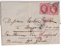 N°32 X2 GC 2145 LYON LES TERREAUX POUR NEW YORK USA DEUX PORTS VIA LIVERPOOL 1869