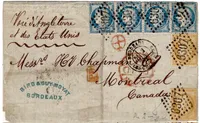 N° 60X4 2 TYPE 2+ 15CX2 DEVANT AVEC RABAT PARTIEL GC 6307 BORDEAUX 1874 POUR LE CANADA