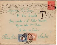 SEMEUSE 50C LIGNEE N°199 LETTRE MARSEILLE 1927 POUR A BORD PATRIA NAPOLI TAXE ITALIE 1L+60C