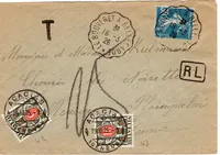 SEMEUSE 30C N°192 SEUL LETTRE CONVOYEUR LE BOUVERTE A BELLEGARDE 1926 +RL + TAXE 5C+10C GENEVE ERREUR RL
