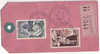 N°971 972 SUR ETIQUETTE RECOMMANDE ROSE ECOMMOY SARTHE 1954 POUR TOURCOING NORD