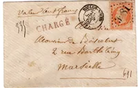 N° 23 PETITE LETTRE CHARGE GC 3981 TYPE 15 TOULON S MER VAR 21 JUIN 1863 POUR MARSEILLE