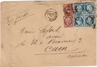 CERES 25CX4+10CX2 LETTRE GC ROUEN GARE 8 DEC 1875 POUR CAEN