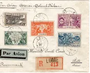 TOGO 20C+ SERIE EXPO COLONIALE LETTRE REC AVION LOME 9 JANV 1935 POUR BULLE SUISSE