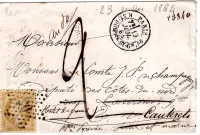N° 21 ETOILE 20 PARIS R ST DOMque ST Gn°56 19 JUIL 1864 PETITE LETTRE TAXE 2 REEXP + PARIS SC ROUGE