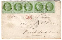 COLONIES CERES 5C BANDE DE 5 LOSANGE ANCRE 1874 LETTRE MME VIAUD LOTI VARIETE CADRE BRISE