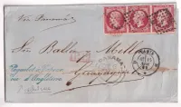 N°17B BANDE DE 3 PARIS BUREAU D ROMAIN POUR GUAYAQUIL EQUATEUR RARE GRIFFE PAQUEBOT A VAPEUR VOIE D'ANGLETERRE 1862