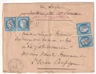 N°60 X4 GC 2617 NEGREPELISSE TARN ET GARONNE A BORD DE LA GALISSONNIERE POUR STATION NAVALE OCEAN PACIFIQUE VOIE ANGLAISE SOUTHAMPTON PANAMA RECTIFIE PAR MAGELLAN 1876 AU DOS REBUTS EN BLEU
