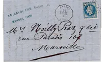LAURE 20C GC 2240 CONVOYEUR STATION BANDOL D.MARS 1869 LETTRE VAR COTE 130€