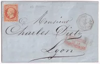 N°23 OBLITERATION ANCRE CAD OCTOGONAL CONSTANTINOPLE TURQUIE P FR U N°3 1867 POUR LYON RHONE
