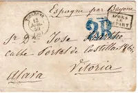 LETTRE TOULOUSE 13 JUIL 1859 + APRES DEPART POUR VITORIA ALAVA ESPANA TAXE 2R