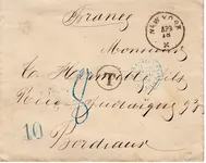 ETATS UNIS  LETTRE COVER NEW YORK 1878 POUR BORDEAUX GIRONDE TAXE 8 TAMPON EN BLEU