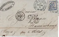 ALSACE N° 6 LETTRE CACHET FER A CHEVAL BLEU MULHAUSEN 29 SEPT 1871 POUR VOSGES TAXE 25DT  CERTIFICAT ROUMET
