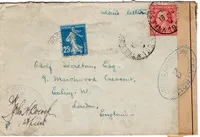 SEMEUSE 25C POSTE AUX ARMEES MIXTE USA TRESOR ET POSTES 1917 *192* POUR ENGLAND CENSURE