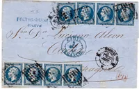 N° 14B BANDE DE 4+ BANDE DE 3+1 LETTRE LOSANGE K PARIS K 1861 CADIZ ESPAGNE ESPANA