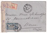 5F MERSON RECOMMANDE PARIS 1918 POUR BERNE SUISSE CENSURE 102 EN VIOLET