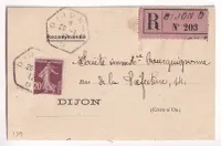 N°139 SEMEUSE SEUL SUR LETTRE RECOMMANDE ETIQUETTE ROSE DIJON POUR DIJON COTE D'OR 1917