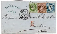 CERES 5C+10C+25C LETTRE GC 6315 LILLE 20 JANV 1874 POUR ITALIE TRICOLORE