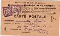 TAXE 50C+1FR MONTAUBAN TARN ET GARONNE 1943 SUR CARTE CIRCULATION PREFECTURE