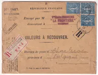 N°205 X3 MAUBEUGE NORD SUR VALEUR A RECOUVRER RECOMMANDE 1929 POUR CHARLEROI BELGIQUE