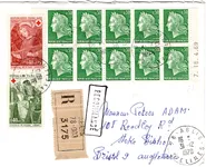 CHEFFER 30C CARNET BLOC DE 10 COIN DATE + CROIX ROUGE X2 LETTRE REC 78 ABLIS 31.12.1970 POUR ANGLETERRE