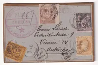 N°28 80 93 97 SUR ETIQUETTE DE COLIS RECOMMANDE PARIS GARE DU NORD 1886 POUR VIENNE AUTRICHE SIGNE BAUDOT