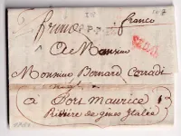MARQUE SEDAN EN ROUGE + FRANC MANUSCRIT ARDENNES 1781 POUR PORT MAURICE ITALIE ITALIA