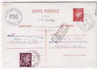 ENTIER PETAIN 1.2 + SURTAXE PERCUE 1FR50 RENNES ILLE ET VILAINE 1942 POUR CASABLANCA MAROC TAXE 50C DUVAL LA BAULE LES PINS