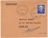 BRANLY 4FR SEUL PNEUMATIQUE PARIS 92 21.2.1944 TARIF 2EME