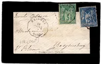 SAGE 5C+25C PETITE LETTRE DEUIL CONVOYEUR STATION RAISMES NORD 1878 POUR ALSACE