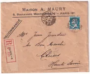 N°180 PARIS 1926 SEUL SUR RCOMMANDE POUR CLUSES HAUTE SAVOIE