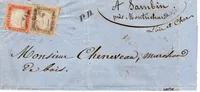 SARDE 40C EFFLEURE EN BAS 10C GRANDES MARGES LETTRE TANINGES 1858 POUR  LOIR ET CHER