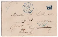 CORR ARMEES ST LOUIS SENEGAL EN BLEU 17 FEVRIER 1870 POUR LE PUY HAUTE LOIRE REEXP GIVET ARDENNES AU DOS LE COLONEL AU DOS TAXE 20 MANUSCRITE TARIF MILITAIRE