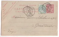 ENTIER MOUCHON 10C RETOUCHE + N°111 LEVEE EXCEPTIONELLE R DES CAPUCINES PARIS 1903 POUR GERARDMER VOSGES