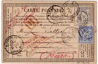 SAGE 15C+25C CARTE PRECURSEUR REC ROUEN 1877 POUR BORDEAUX RETOUR ROUGE 807