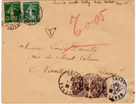 BLANC 2CX2+1C SURCHARGE T UTILISATION TIMBRE TAXE MANTES 12.1.1917 LETTRE SEMEUSE 5CX2