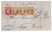 N°6 COULEUR CERISE BDF + BANDE DE 3 N°9 PARIS DS2 ROMAIN POUR NEW YORK USA 12 SEPTEMBRE 1853