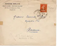 SEMEUSE 10C SURCHARGE PRIVEE F.M. LETTRE ARMEE BELGE PARIS 1916 RR