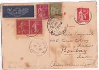 ENTIER PAIX 90C ROUGE + N°278B 284A 289 POUR BOMBAY INDE 1938