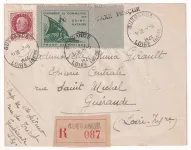 TIMBRE DE GUERRE N°8 RECOMMANDE GUERANDE SURCHARGE TAXE PERCUE POCHE DE ST NAZAIRE 7 MAI 1945 LOIRE INFERIEURE