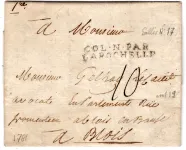 CHARENTE INFERIEURE MARQUE COL N PAR LA ROCHELLE 1781 POUR BLOIS DANS TEXTE MENTION JACMEL