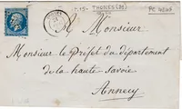 N° 14 PC 4245 TYPE 15 THONES 21 DEC 1860 LETTRE POUR ANNECY HAUTE SAVOIE