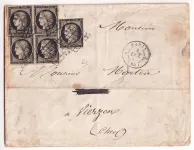 N°3 DEUX PAIRES + UN GRILLE PARIS BUREAU E 4 .10.1849 POUR VIERZON CHER