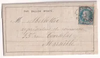 BALLON MONTE GIRONDE N°29 CAD R CARDINAL LEMOINE 6.11.1870 SUR DEPECHE BALLON N°3 POUR MARSEILLE SANS CACHET ARRIVE